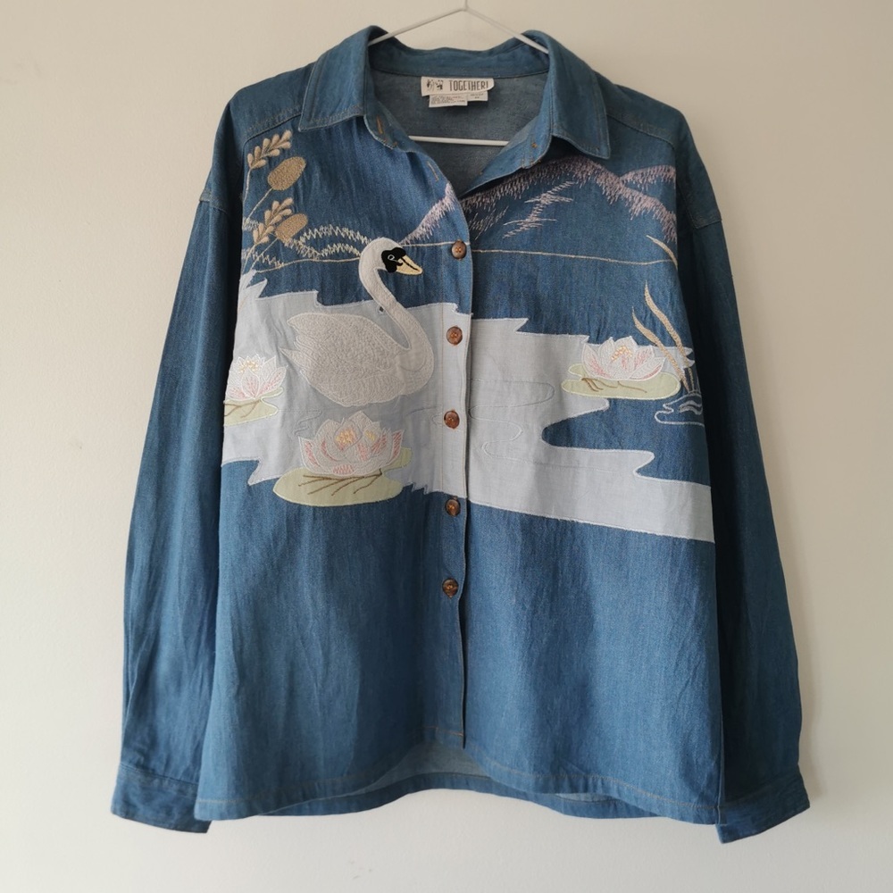 Blue Denim Swan Print Women's Top